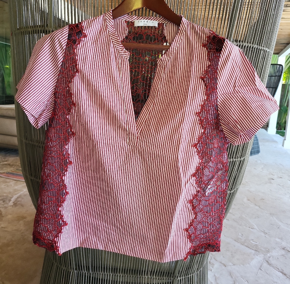 Sandro - Red Mandarin Collar Crop Blouse - Size 3 or M